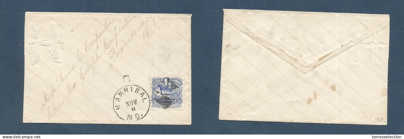 USA - Inland. C. 1870. Hanibal, Mo - Providence. 3c Trun 1869 Issue Fkd Embossed Romantic Envelope. XSALE. - Other & Unclassified