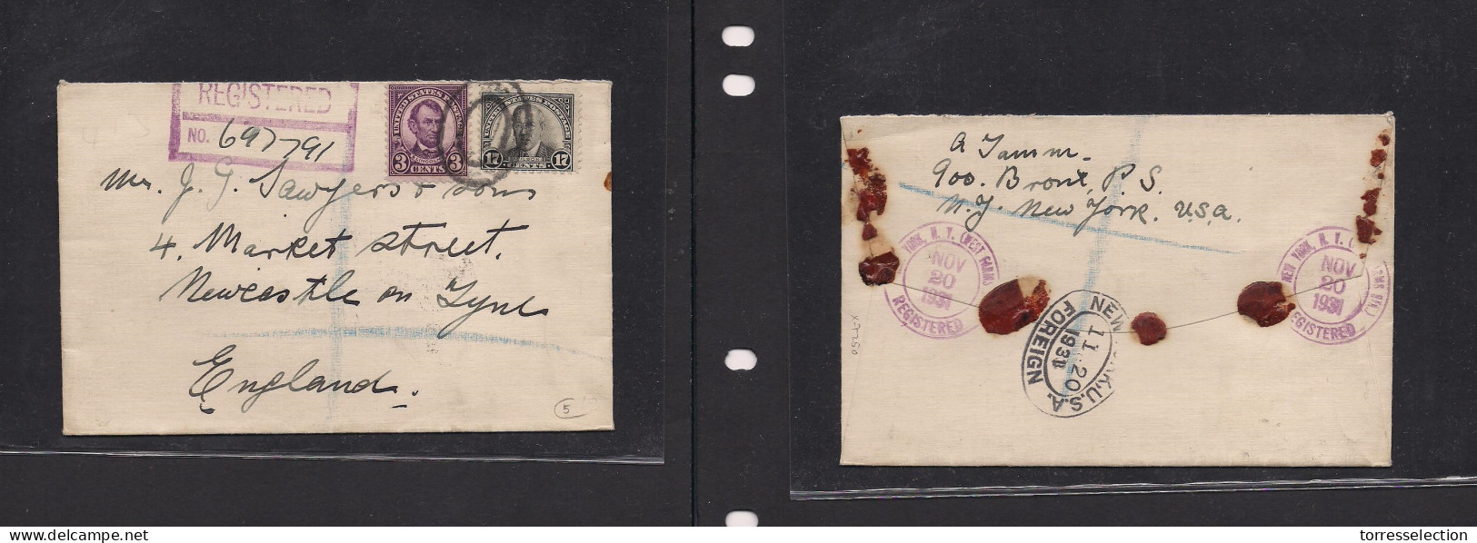USA. USA Cover 1931 NY To UK Newcastle Regist Lincoln Issue Mult Fkd Nice Env. Easy Deal. XSALE. - Other & Unclassified