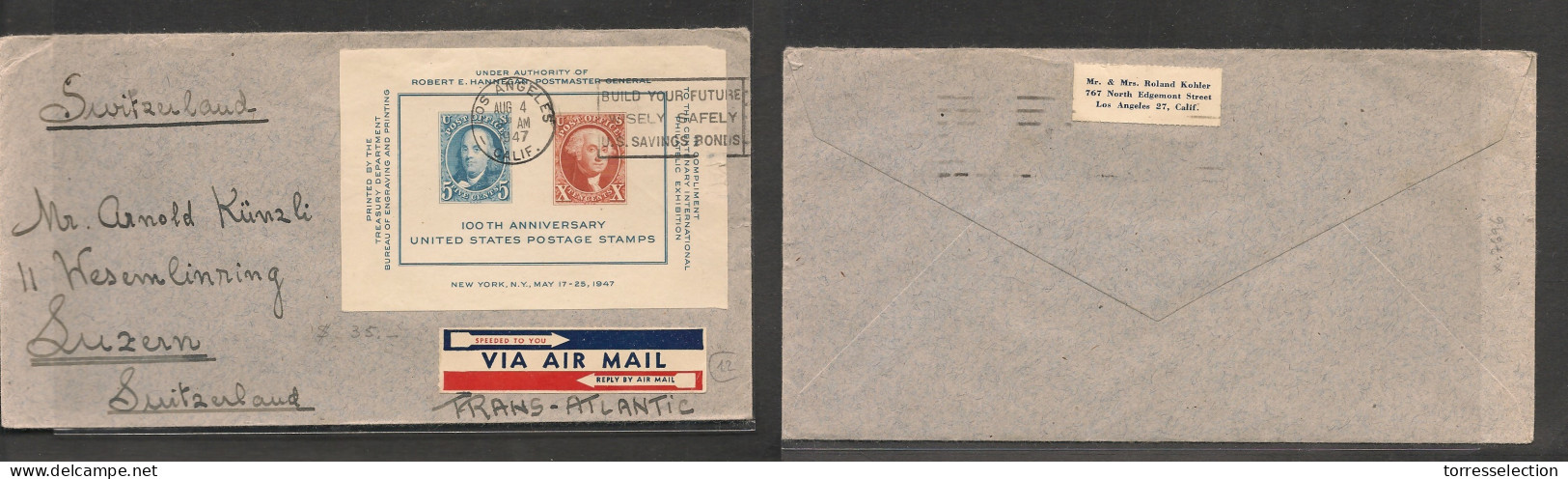 USA. USA Cover - 1947 LA To Switz Luzern Air Fkd Env Min Sheet Tied Rolling Cachet, Fine XSALE. - Other & Unclassified