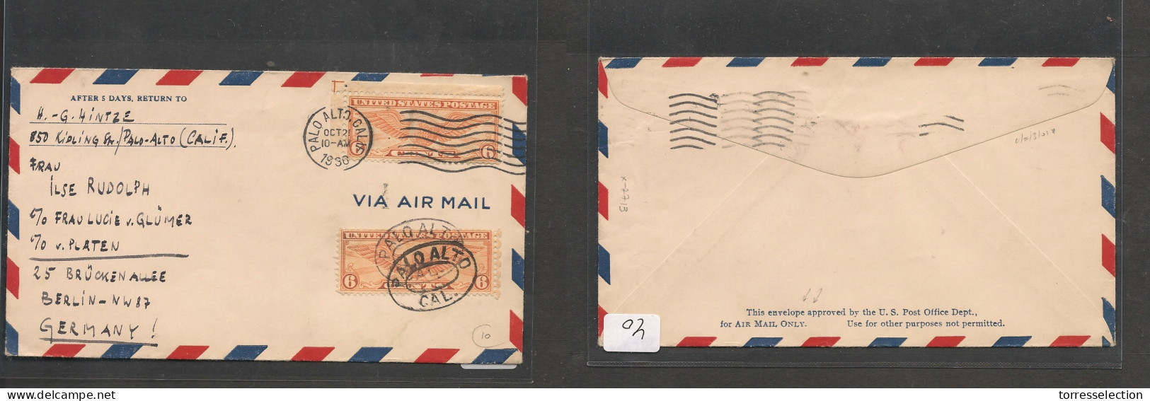 USA. USA Cover - 1936 Palo Alto CA To Germany Air Mult Fkd Env, Vf XSALE. - Autres & Non Classés