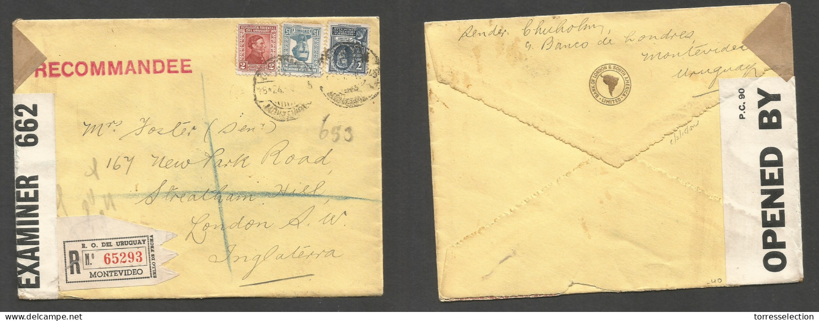URUGUAY. 1945 (24 Febr) Mont - UK, London. Registered Multifkd WWII Censored Envelope. Fine Tricolor Usage. XSALE. - Uruguay