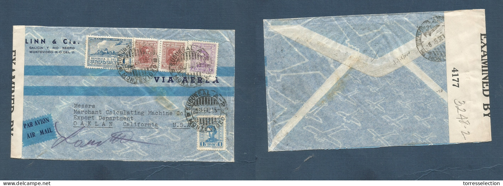 URUGUAY. 1942 (26 Sept) Montevideo - USA, CA, Oakland. Air WWII Censored Multifkd Envelope. Nice Usage. XSALE. - Uruguay
