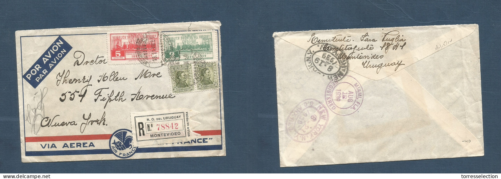 URUGUAY. 1939 (11 Aug) Montevideo - USA, NYC (18 Aug) Registered Air France Multifkd Env. Congreso Conm Issue. Fine. XSA - Uruguay