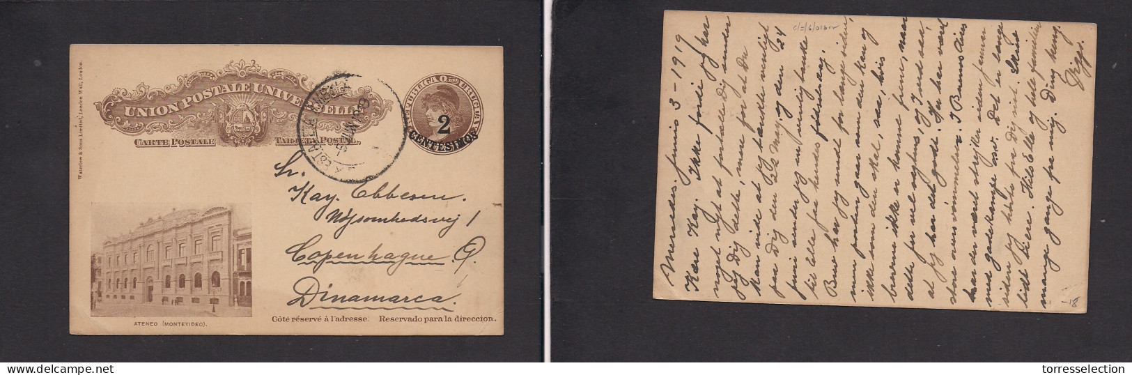 URUGUAY. 1919 (3 June) Mercedes - Denmark, Cph. 2c Ovptd Ateneo Stat Card. Fine Used. XSALE. - Uruguay