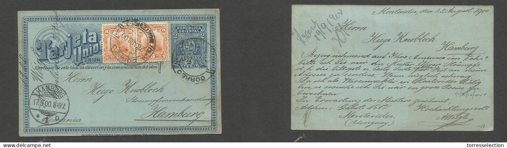 URUGUAY. 1900 (23 Aug) Mont - Germany, Hamburg (17 Sept) 2c Blue Stat Card + Adtl, Tied Cds. VF. XSALE. - Uruguay