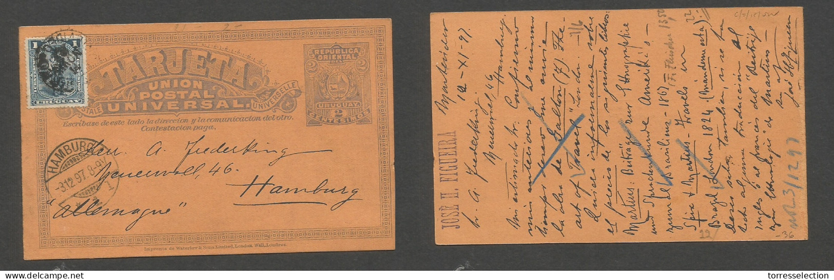 URUGUAY. 1897 (14 Nov) Mont - Germany, Hamburg (3 Dec) 2c Lilac/cream + Adtl Stat Card. Fine Used + Arrival On Front. XS - Uruguay