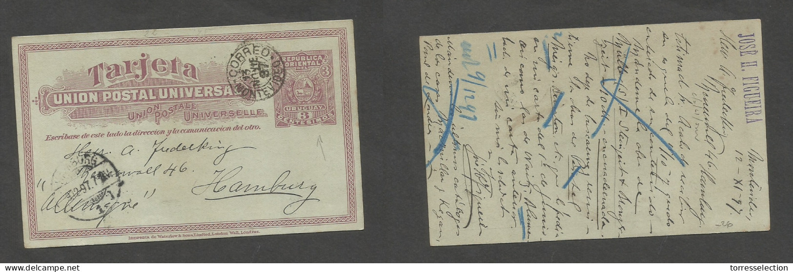 URUGUAY. 1897 (13 Nov) Mont - Germany, Hamburg (9 Dec) 3c Lilac Stat Card. Fine Used. XSALE. - Uruguay