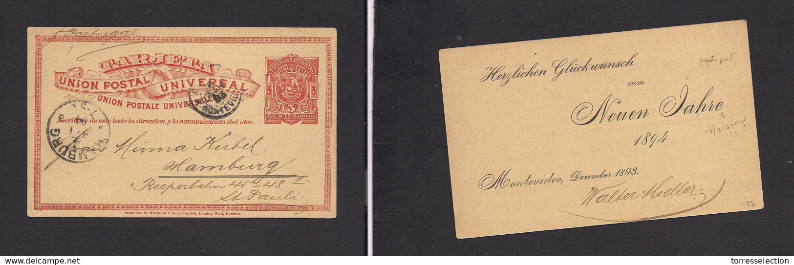 URUGUAY. 1893 (Dec) Mont - Germany, Hamburg (9 Jan 94) 3c Red / Green Stat Card. VF Used. XSALE. - Uruguay
