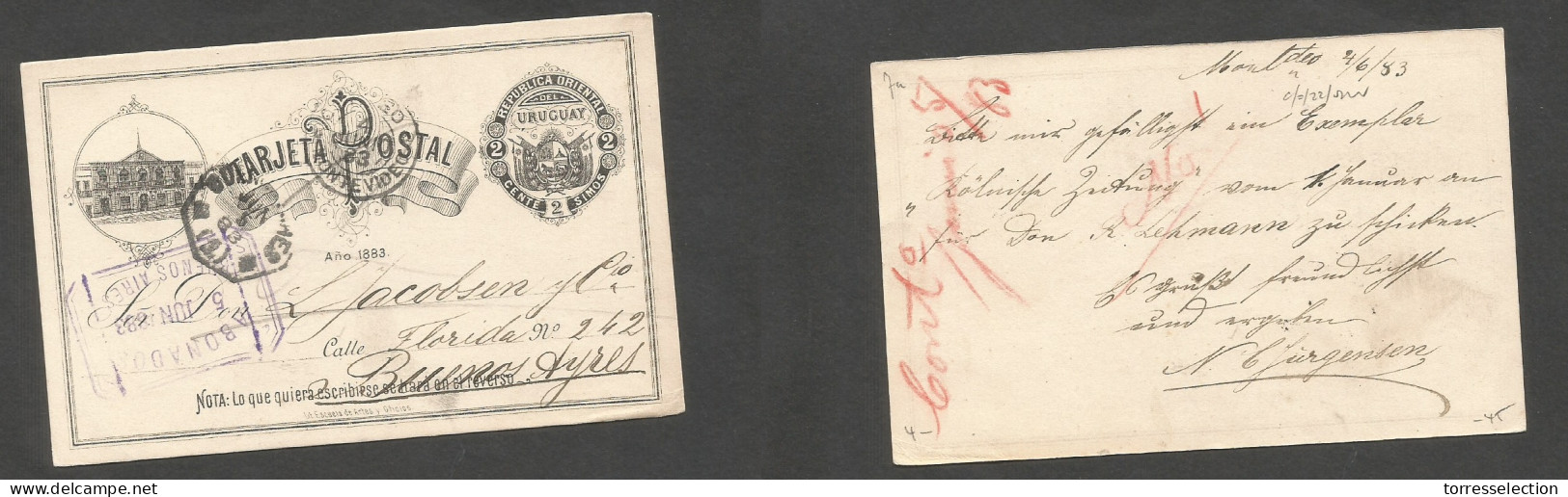 URUGUAY. 1883 (4 June) Mont - Argentina, Buenos Aires (5 June) 2c Black Early Overseas Illustr Stat Card. VF. XSALE. - Uruguay