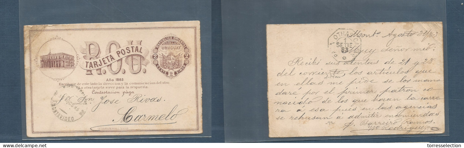 URUGUAY. 1883 (31 Aug) Montevideo - Carmelo. Local Early 2c Lilac Brown Stationary Card. A Very Scarce Circulated Item.  - Uruguay