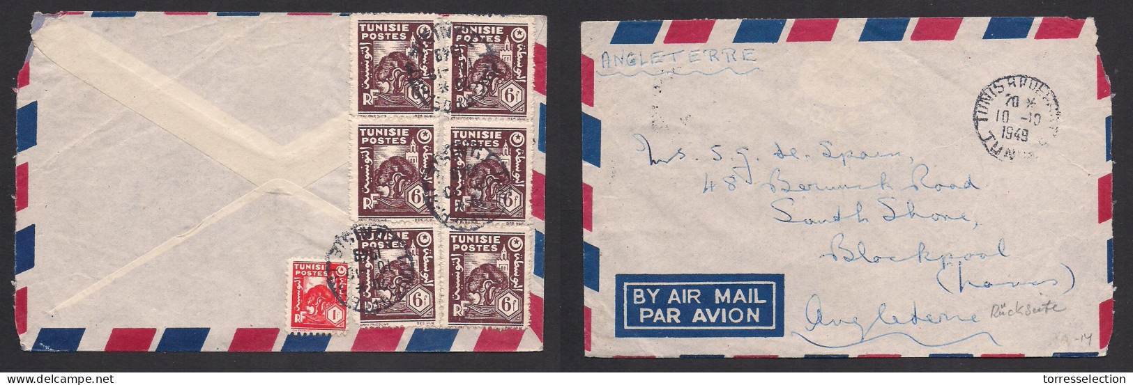 TUNISIA. 1948 (10 Oct) GPO - UK, Blackpool. Reverse Air Multifkd Envelope. VF. XSALE. - Tunisia (1956-...)