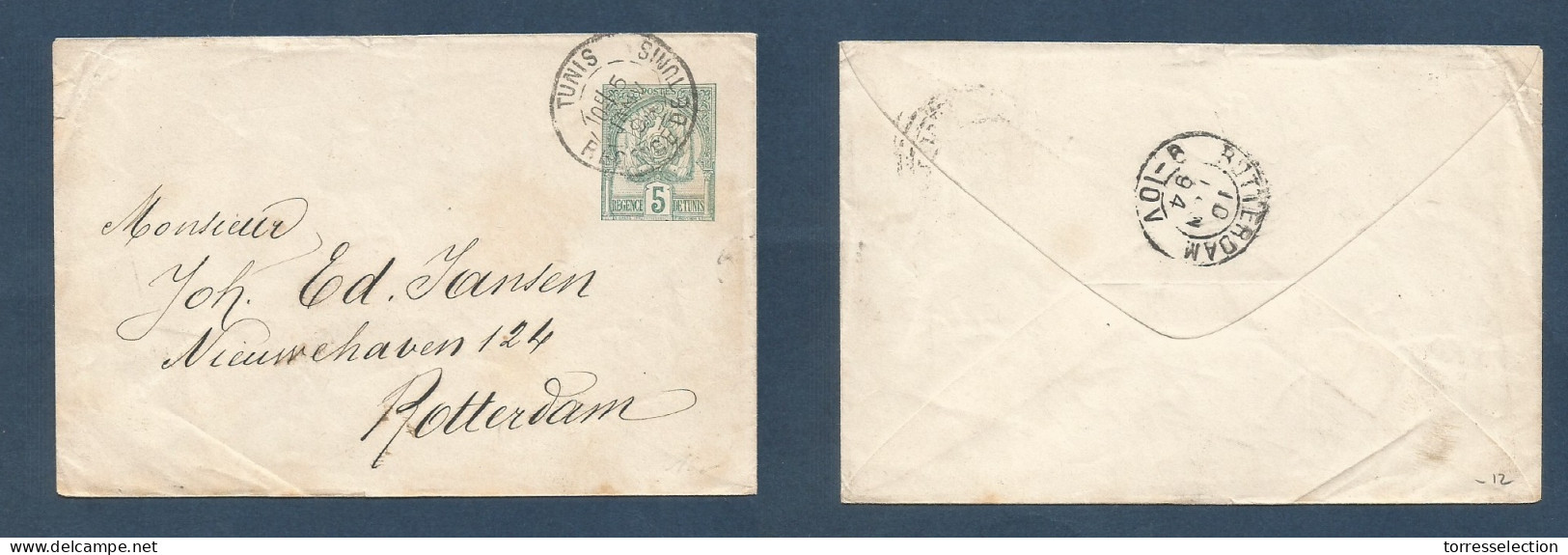TUNISIA. 1894 (5 Jan) GPO - Netherlands, Rotterdam (10 Jan) Unsealed 5c Green Stat Envelope. Fine. XSALE. - Tunisia (1956-...)