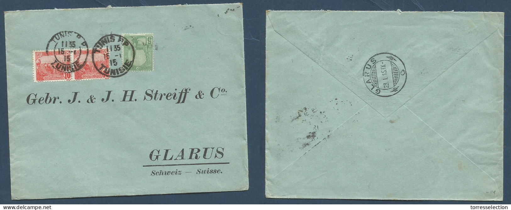 TUNISIA. 1915 (15 Jan) GPO - Glarus, Switzerland (23 Jan) Multifkd Colorful Envelope. Nice Item. XSALE. - Tunisia