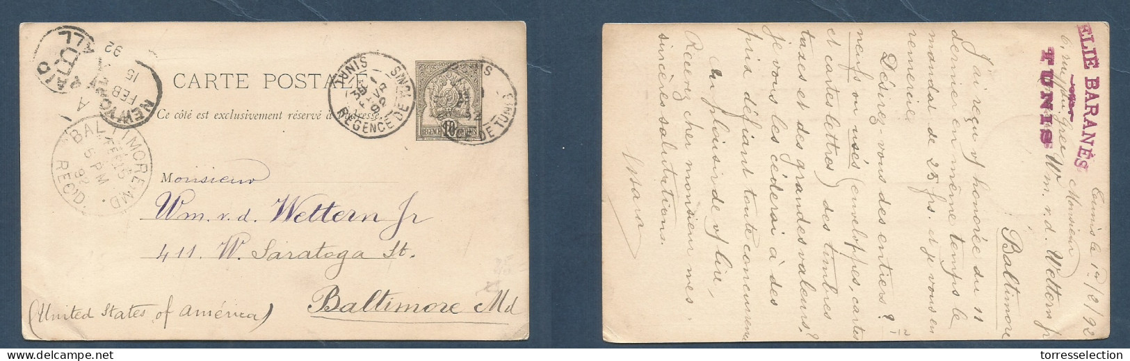 TUNISIA. 1892 (1 Febr) GPO - USA, Baltimore, Md (15 Feb) 10c Black Early Stat Card. Fine Used Via NYC. XSALE. - Tunisia