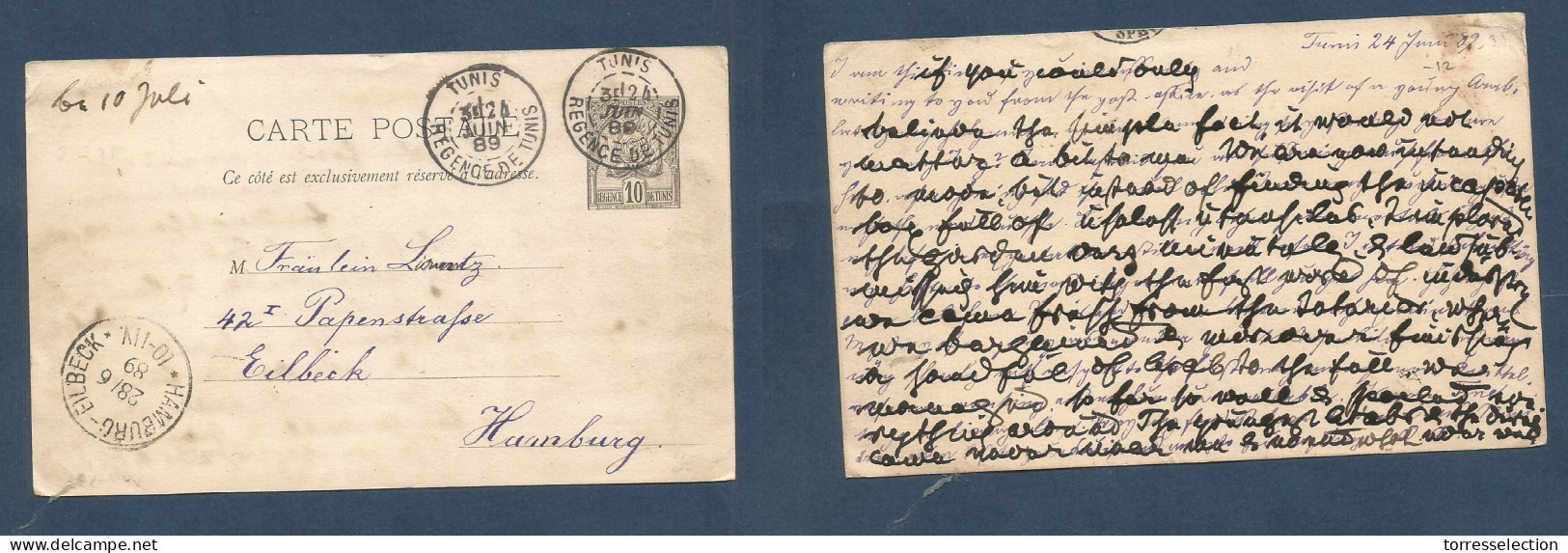 TUNISIA. 1889 (24 June) GPO - Germany, Hamburg (28 June) 10c Block Early Stat Card. Fine. XSALE. - Tunesien (1956-...)