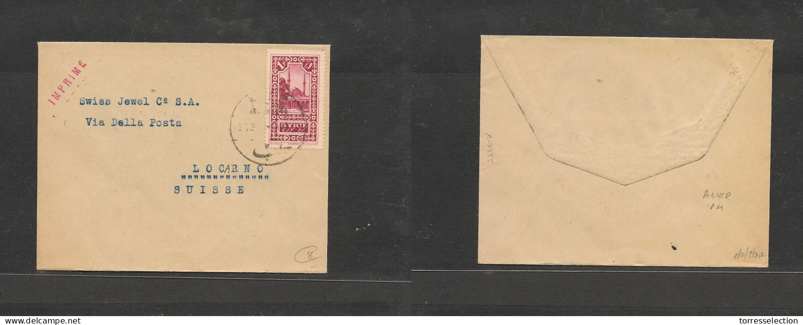 SYRIA. Syria Cover - C1930s Alep To Switz Single Unsealed Fkd Env Pm Rate, Vf XSALE. - Syrien