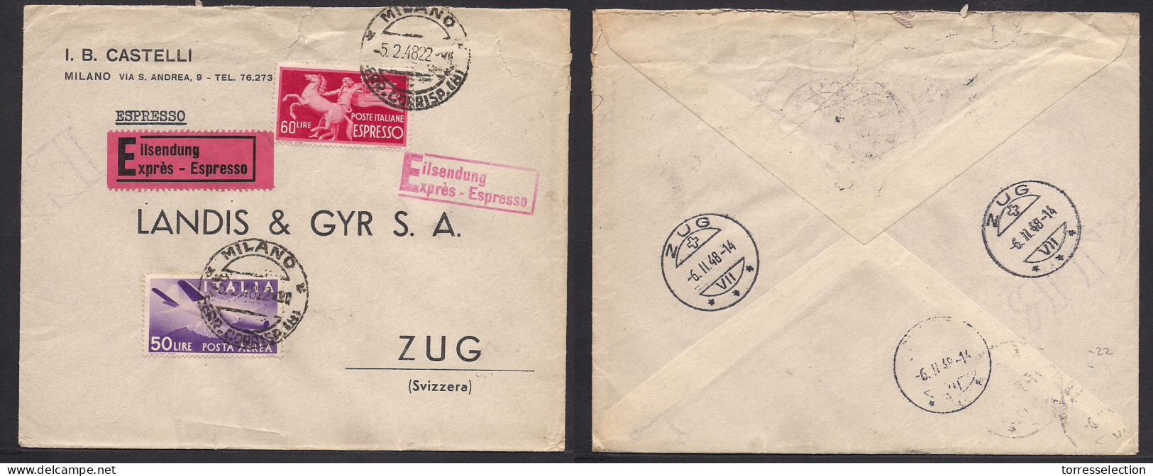 Switzerland - XX. 1948 (5 Febr) Milano - Switzerland, Zug (6 Feb) Express Mail Fkd Env. Airmail. Fine Usage. XSALE. - Otros & Sin Clasificación