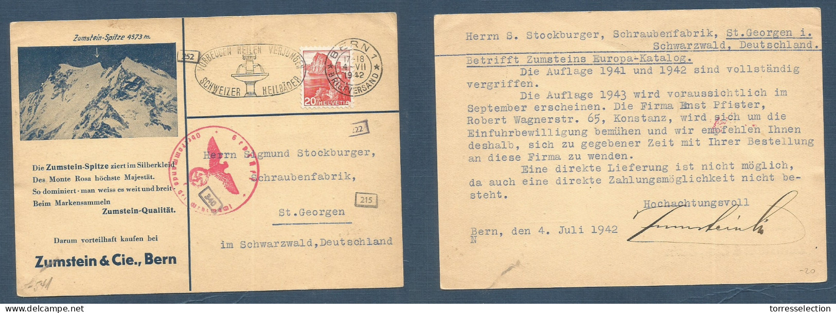 Switzerland - XX. 1942 (4 July) Bern - St. Georgen, Germany. Zunstein Peak, Illustr Private Cº Fkd Nazi Censored, Slogan - Other & Unclassified