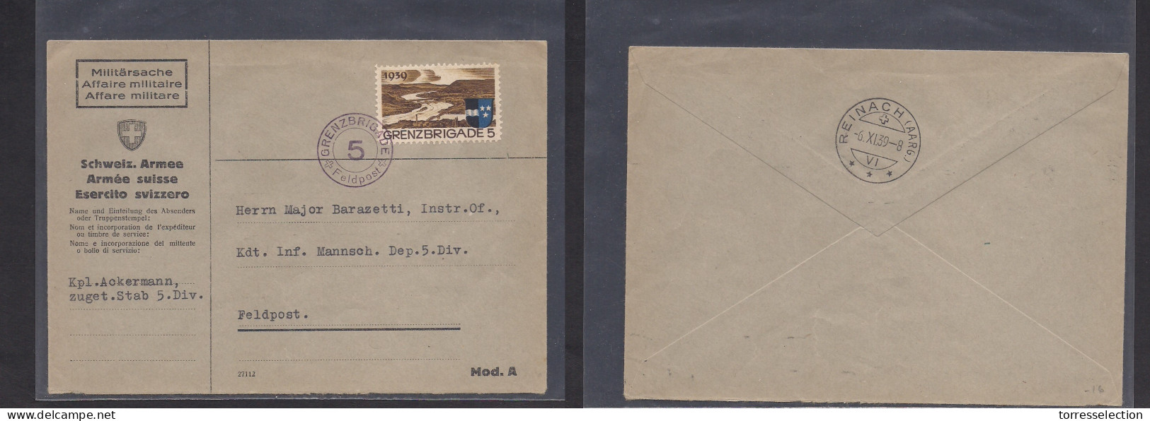 Switzerland - XX. 1939. Soldiers Mail. Feldpost 5. Grenzbrigade. Fkd Env. Arrival Cachet. XSALE. - Otros & Sin Clasificación