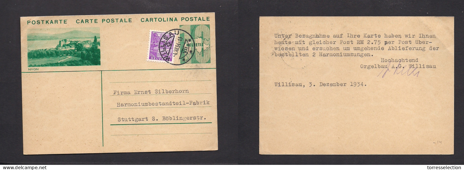 Switzerland - Stationery. 1934 (4 Dec) Willisan - Stuttgart, Germany. 10c Green Illustrated Nyon Stat Card + 10c Lilac A - Sonstige & Ohne Zuordnung