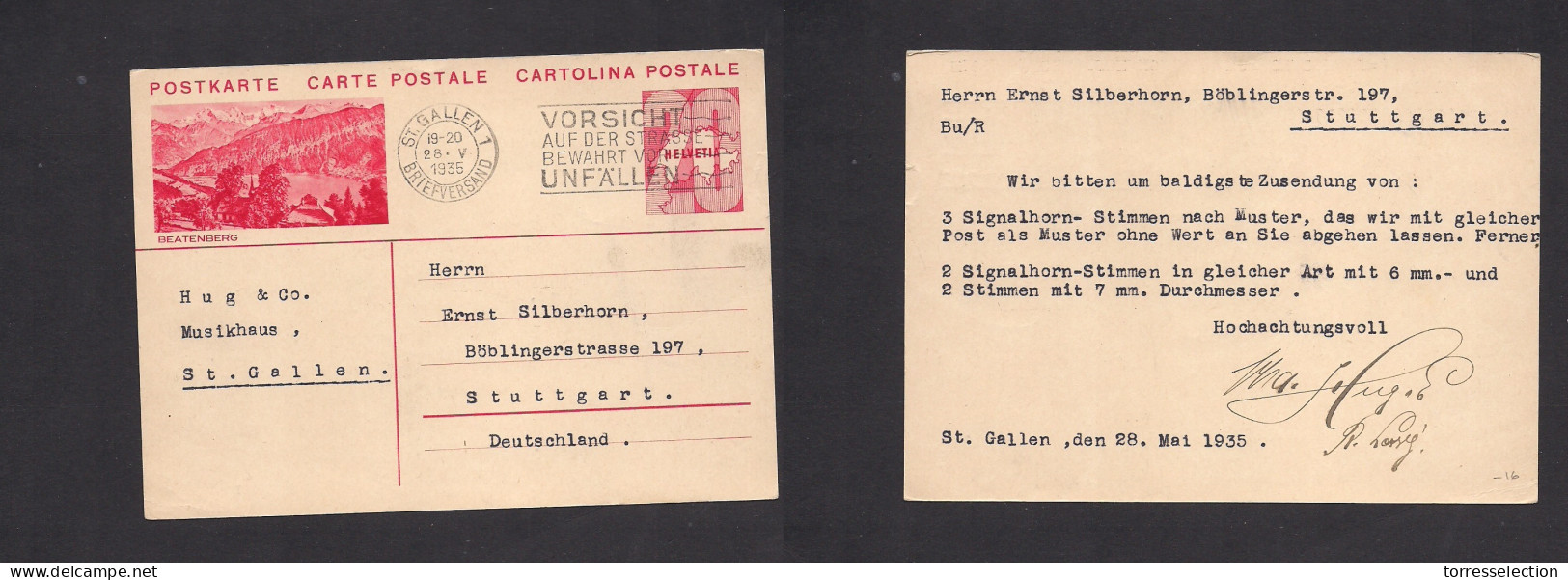 Switzerland - Stationery. 1935 (28 May) St. Gallen - Germany, Stuttgart. 20c Red Beateuberg Illustr Stat Card. Fine Used - Other & Unclassified