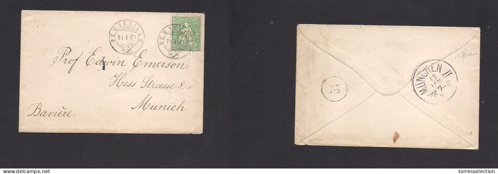 SWITZERLAND. 1880 (11 Jan) Neuveville - Munich, Bayern, Germany 25c Green Sitzende Helvetia Pref Fkd Env, Cds. Fine. XSA - Other & Unclassified