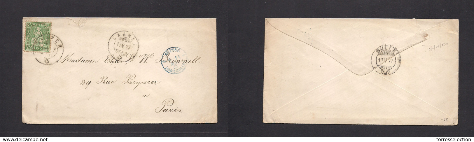 SWITZERLAND. 1877 (11 May) Saanen - Paris, France (13 May) 25c Green Fkd Env, Tied Cds, Blue Suisse French Early Cds. XS - Other & Unclassified