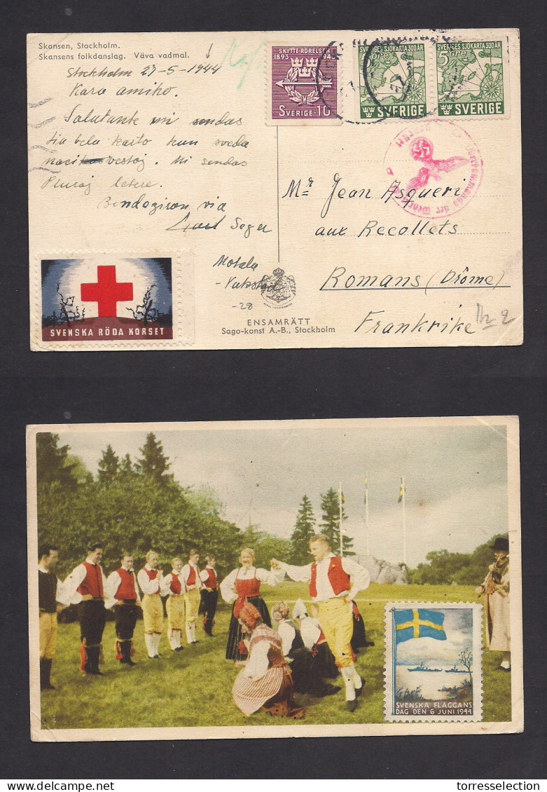 SWEDEN. 1944 (27 May) Stockholm - France, Romans. Multifkd Red Cross Ppc Last Period Of French Nazi Occup With Censor Ca - Otros & Sin Clasificación