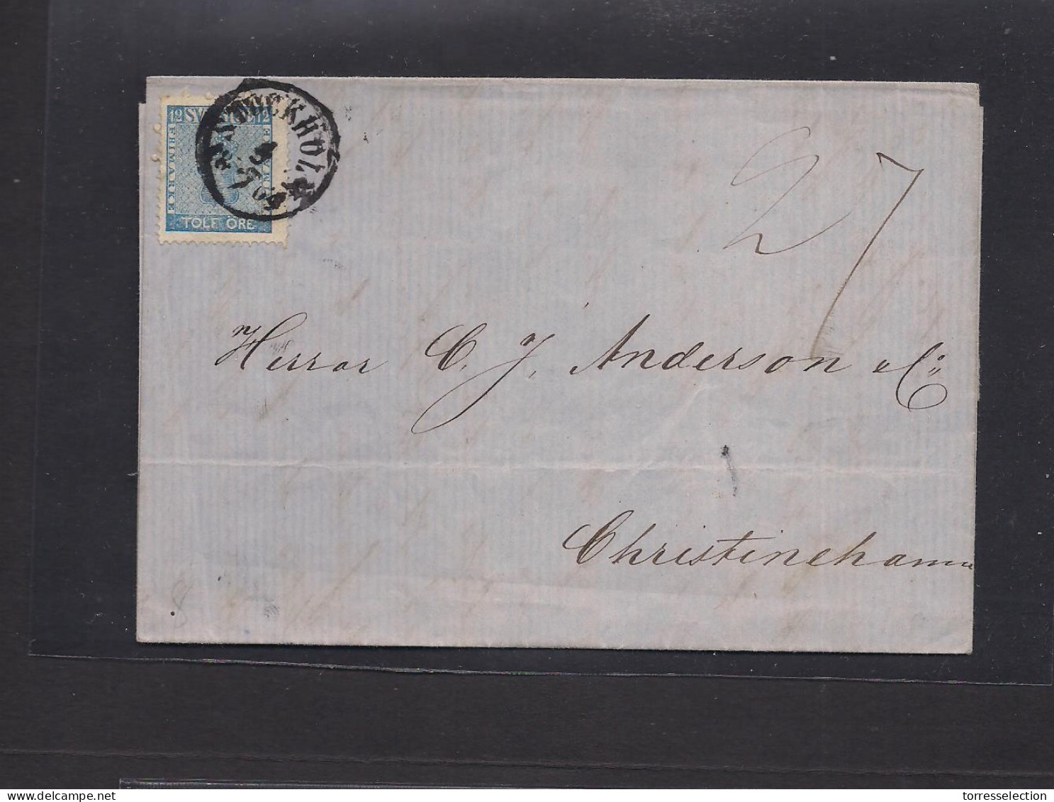 SWEDEN. 1864 (3 July) Stockholm - Christirehamm. EL With Text Fkd 12 Ore Blue, Tied Cds. Fine. XSALE. - Other & Unclassified