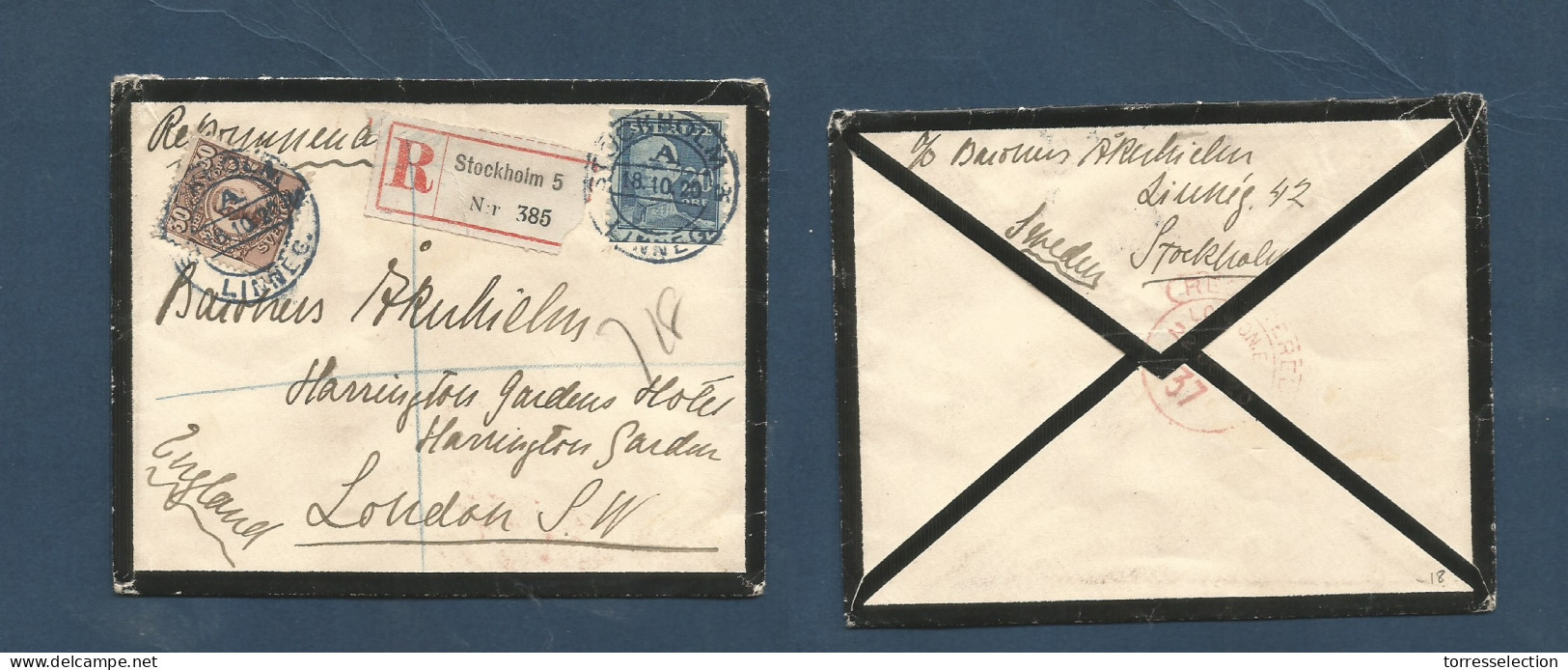 SWEDEN. 1920 (18 Oct) Stockholm - England, London. Registered Multifkd Env, Mixed Issues. Fine. XSALE. - Other & Unclassified