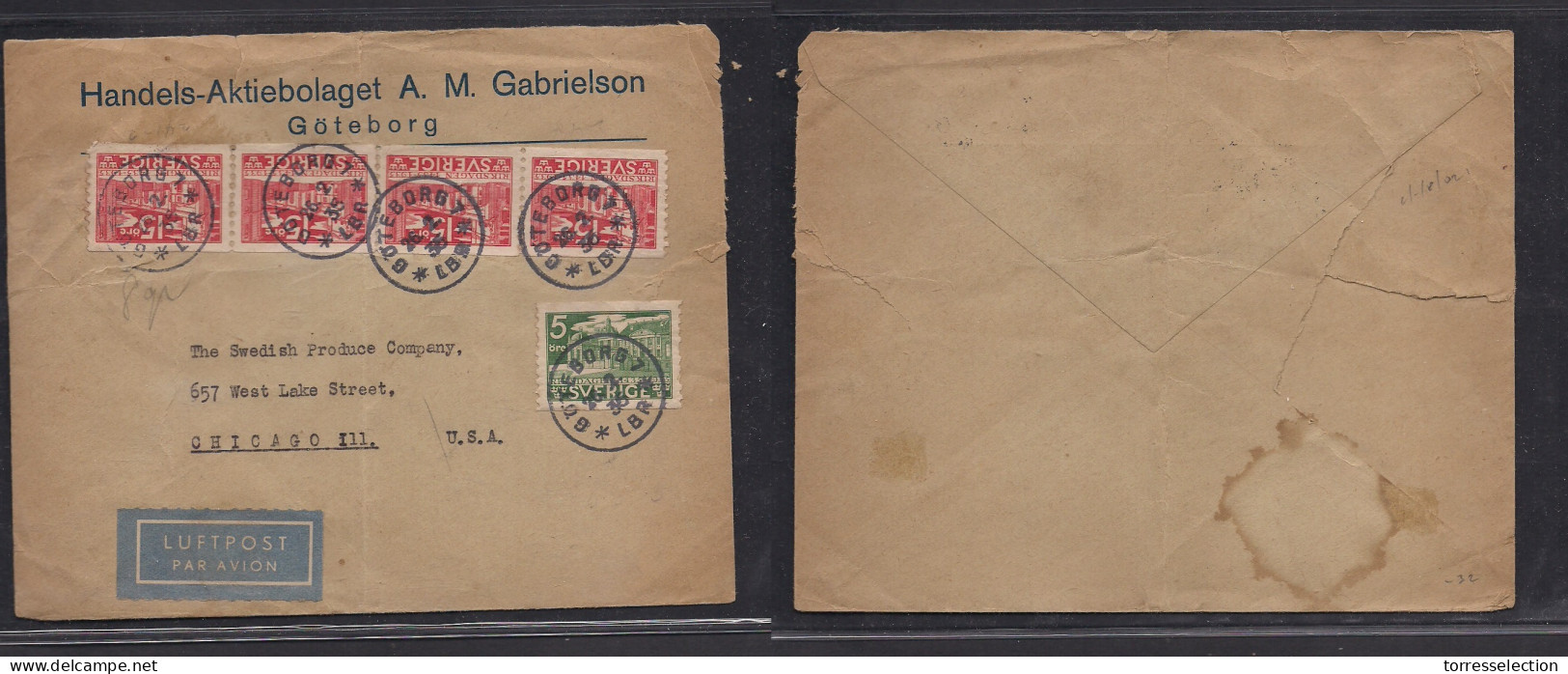 SWEDEN. 1936 (26 Febr) Goteborg - USA, Chicago Ill. Air Multifkd Env Incl Hong Strip Of Four. Coils. Fine. XSALE. - Altri & Non Classificati