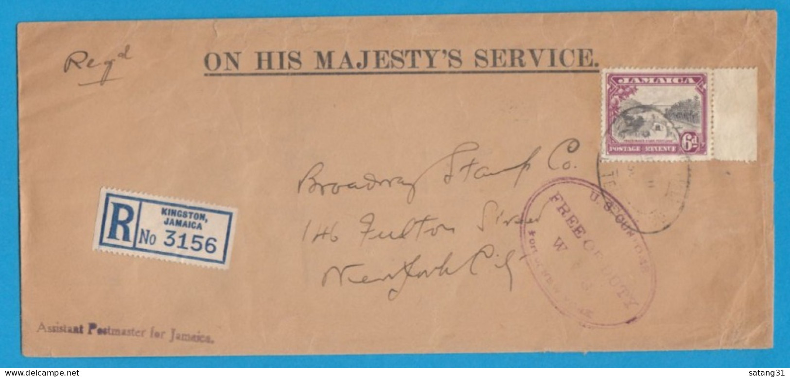 ON HIS MAJESTY'S SERVICE.  LETTRE RECOMMANDEE DE KINGSTON POUR NEW YORK,CACHET "US CUSTOMS FREE OF DUTY",1936. - Giamaica (...-1961)