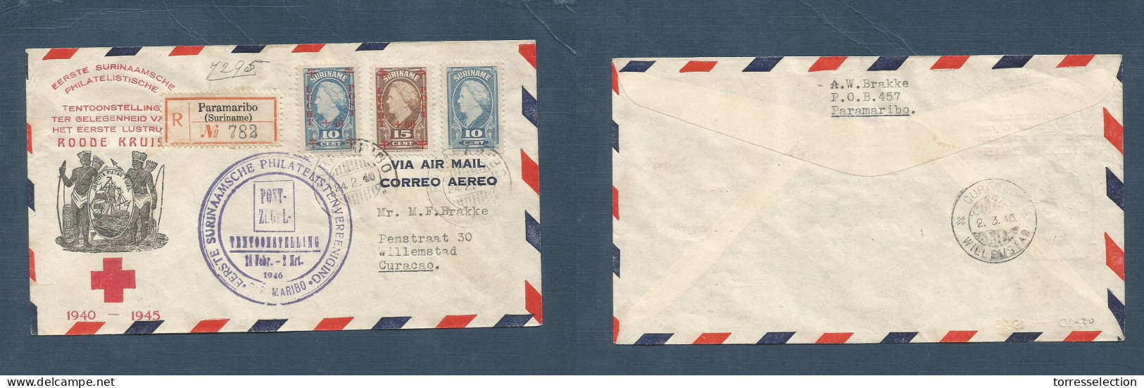 SURINAME. 1920 (24 Febr) Red Cross Issue. Paramaribo - Curaçao. Registered Air Illustr Multifkd Env. Fine. XSALE. - Surinam