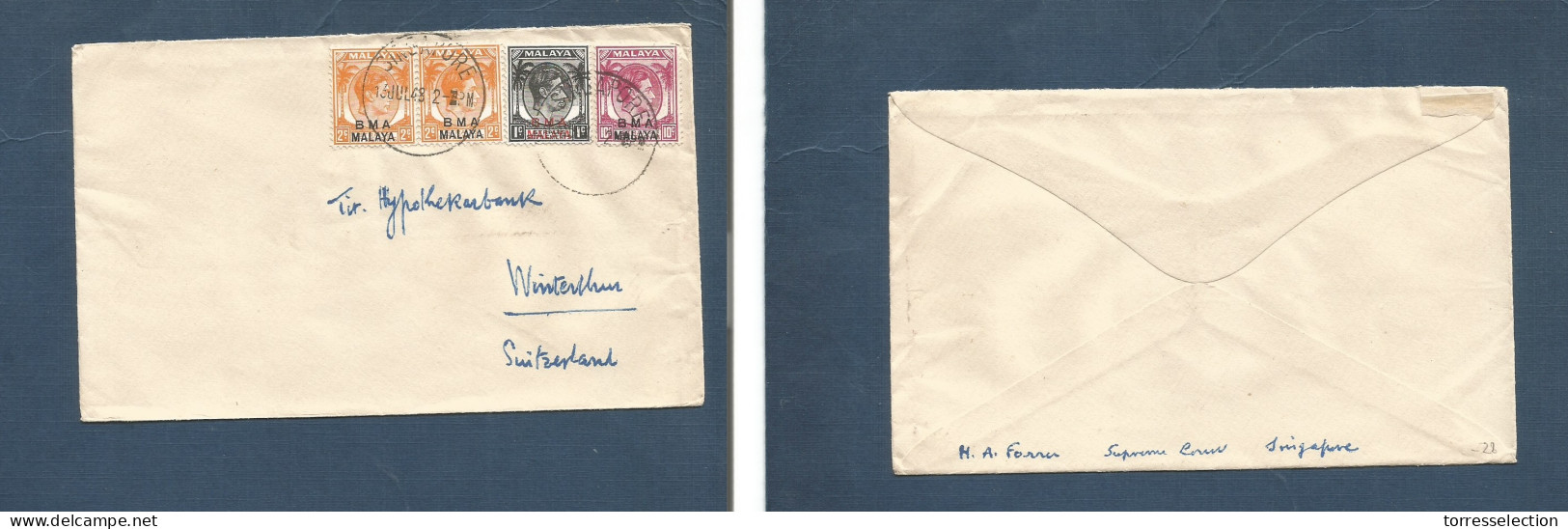 STRAITS SETTLEMENTS SINGAPORE. 1948 (13 July) BMA, Sing - Switzerland, Winterthur. Multifkd Colorful Envelope, Tied Cds  - Singapour (1959-...)