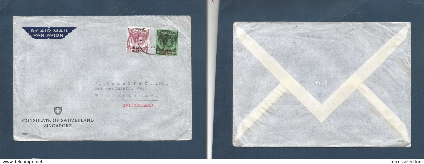 STRAITS SETTLEMENTS SINGAPORE. 1948 (21 Febr) BMA. Sing - Switzerland, Winterthur. Swiss Consular Mail. Air Fkd Env At 6 - Singapour (1959-...)