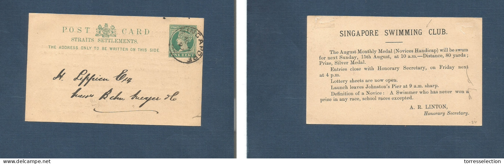 STRAITS SETTLEMENTS SINGAPORE. 1897 (11 Aug) Sing Local Usage. Comercial 1c Green Stat Card. Private Print Swimming Club - Singapur (1959-...)