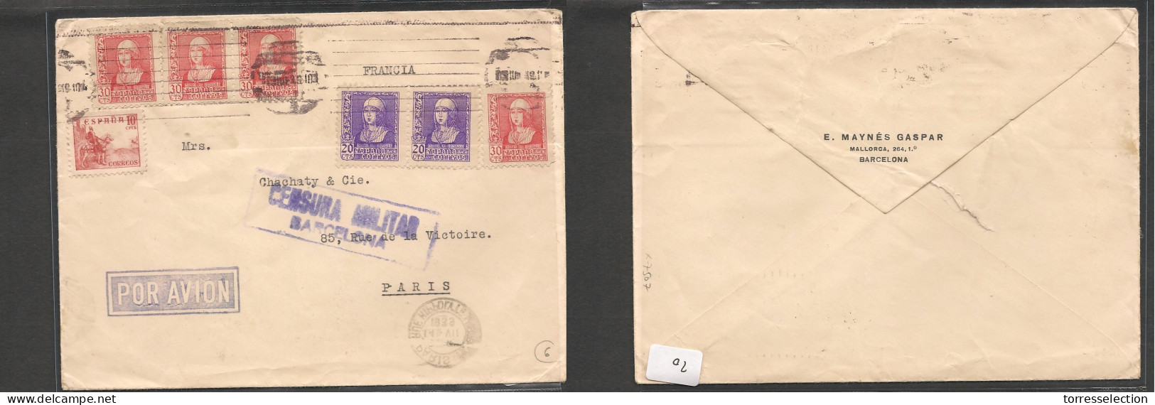 SPAIN - ESPAÑA. España Cover Gueera Civil 1939 Barcelona A Paris Carta Censurada Franqueo Multiple,bonita. Easy Deal. XS - Autres & Non Classés