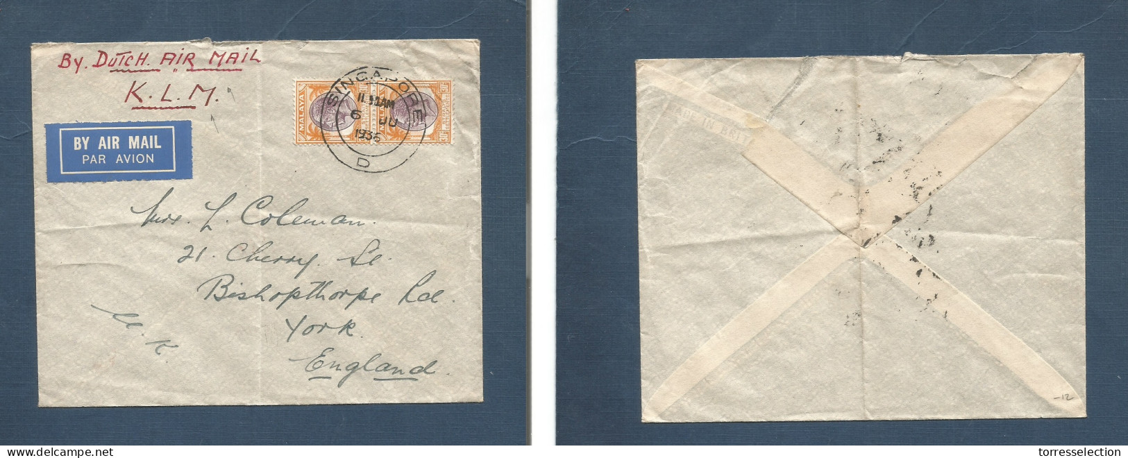 STRAITS SETTLEMENTS SINGAPORE. 1936 (6 June) Sing - UK, York. Air Multifkd Env Via Dutch Mail KLM. Very Nice Condition.  - Singapur (1959-...)