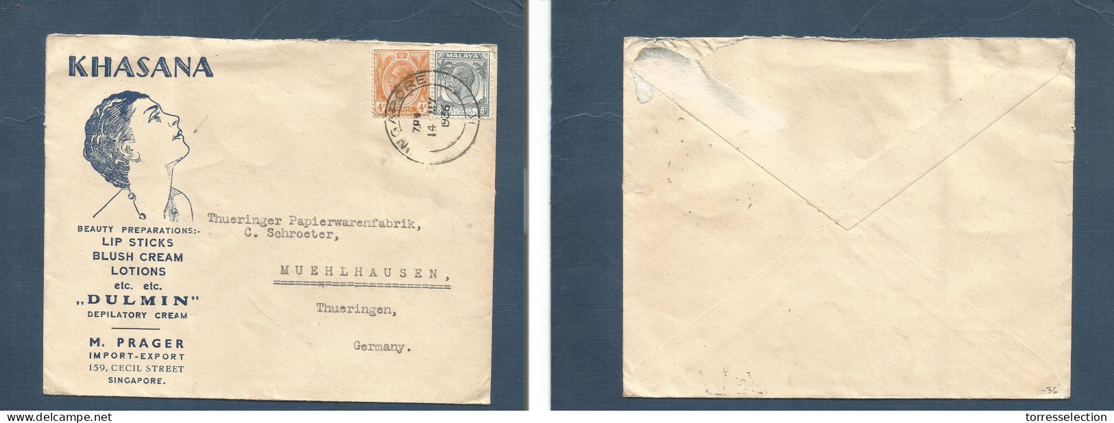 STRAITS SETTLEMENTS SINGAPORE. 1936 (14 May) Sing - Germany, Muehlhausen, Thuringen. Illustrated Khasana Multifkd Envelo - Singapur (1959-...)