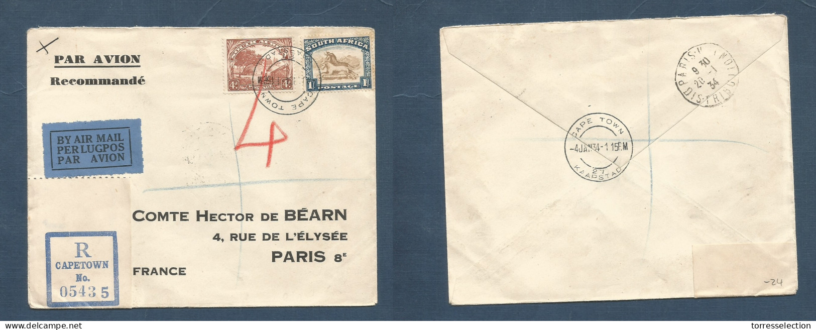 SOUTH AFRICA. 1934 (4 Jan) Capetown - France, Paris (20 Jan) Registered Air Multifkd Env. Very Nice Item. R-label. XSALE - Sonstige & Ohne Zuordnung