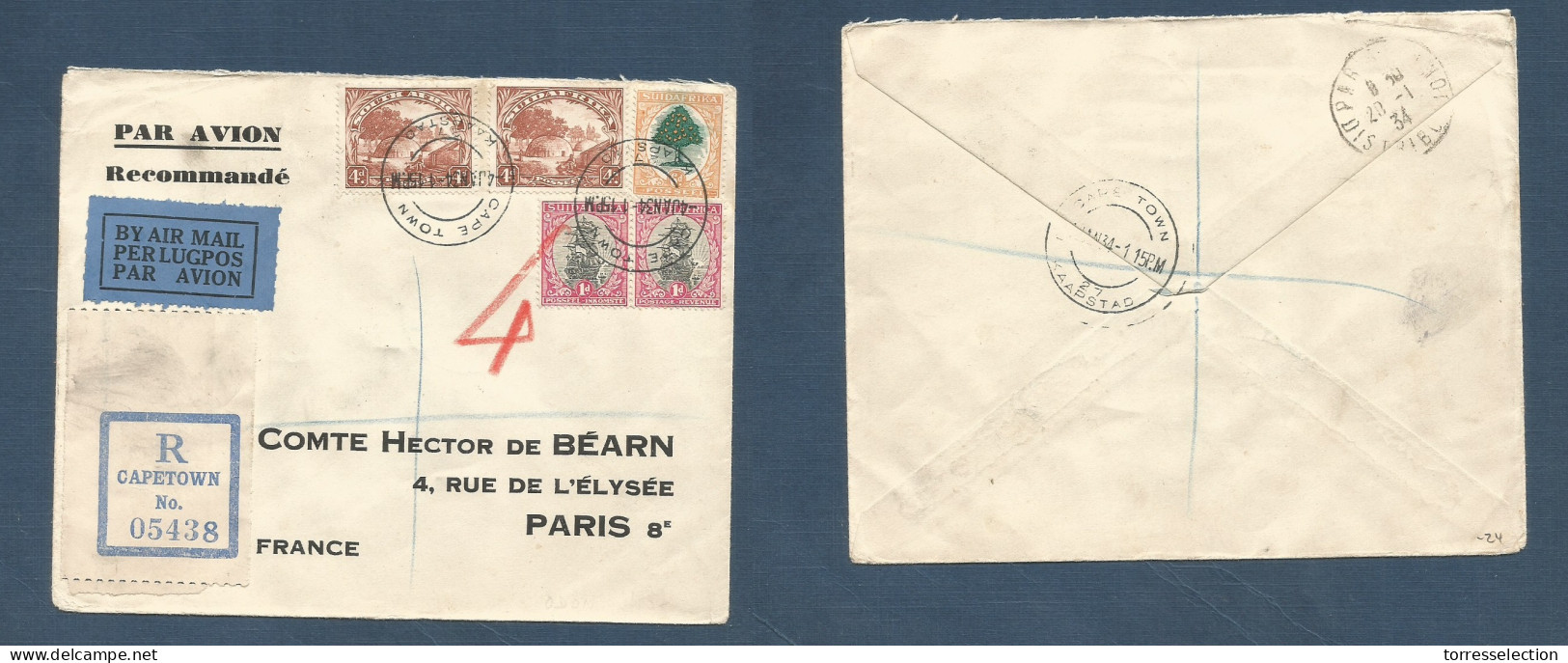 SOUTH AFRICA. 1934 (4 Jan) Capetown - France, Paris (20 Jan) Registered Air Multifkd Env. Very Nice Condition + R - Labe - Andere & Zonder Classificatie
