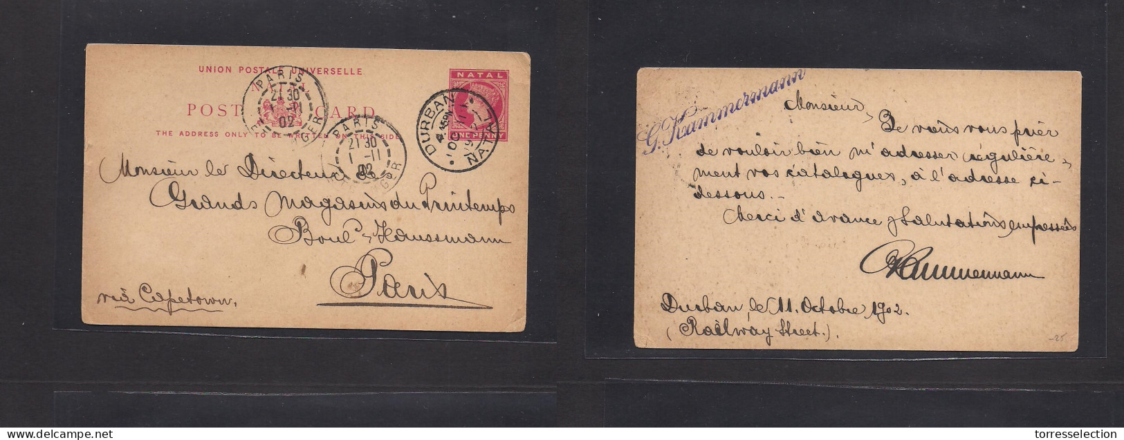 SOUTH AFRICA. 1912 (Oct 11) Durban, Natal - France, Paris (1 Nov). 1d Red Stat Card. XSALE. - Autres & Non Classés