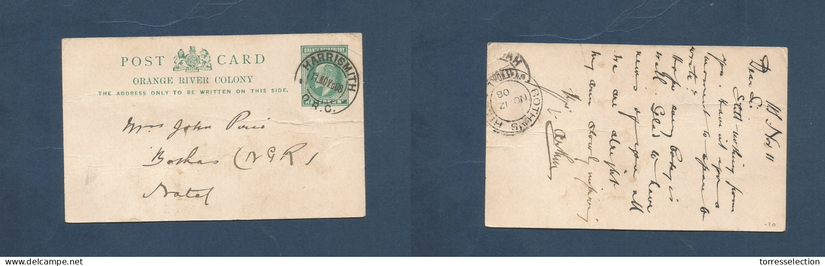 SOUTH AFRICA. 1908 (11 Nov) ORC. Harrismith - Natal, Botchas (12 Nov) 1/2d Green Stat Card, Fine Used. XSALE. - Other & Unclassified
