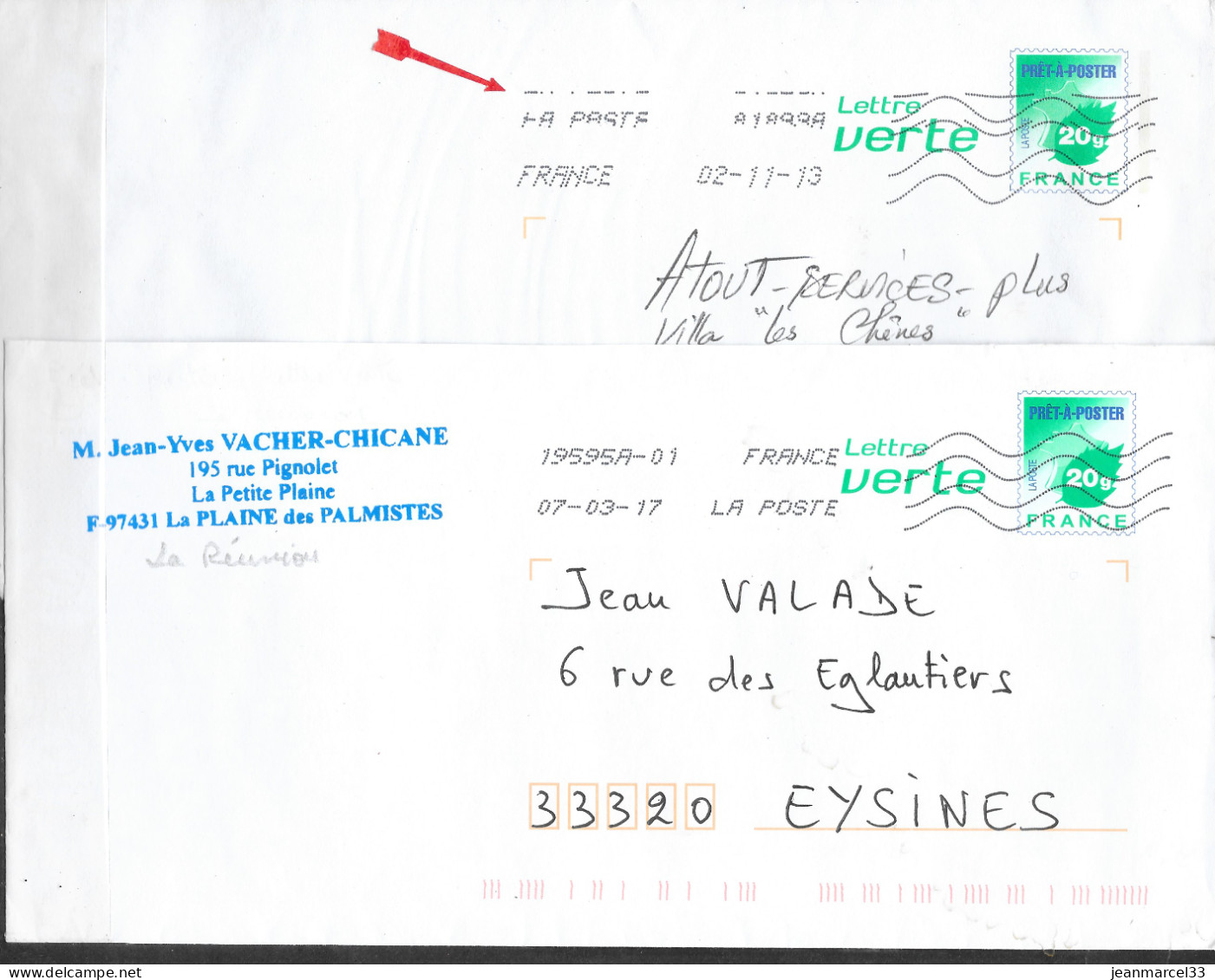 Prêt à Poster Lettre Verte Timbres De 20 G , Oblitérations MTP Toshiba Avec Parasite Et L'autre Postée à La Réunion - PAP:  Varia (1995-...)