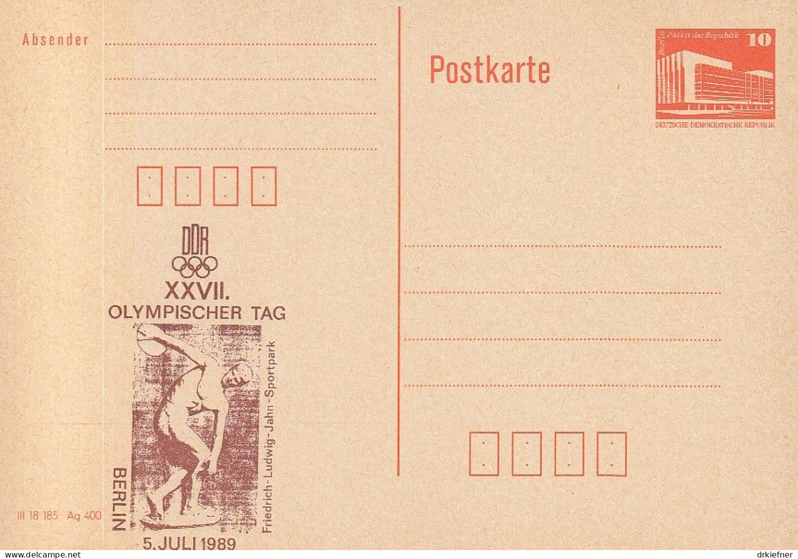 DDR PP 19 II, Ungebraucht, XXVII. Olympischer Tag, Berlin, 1989,Diskuswerfer - Private Postcards - Mint