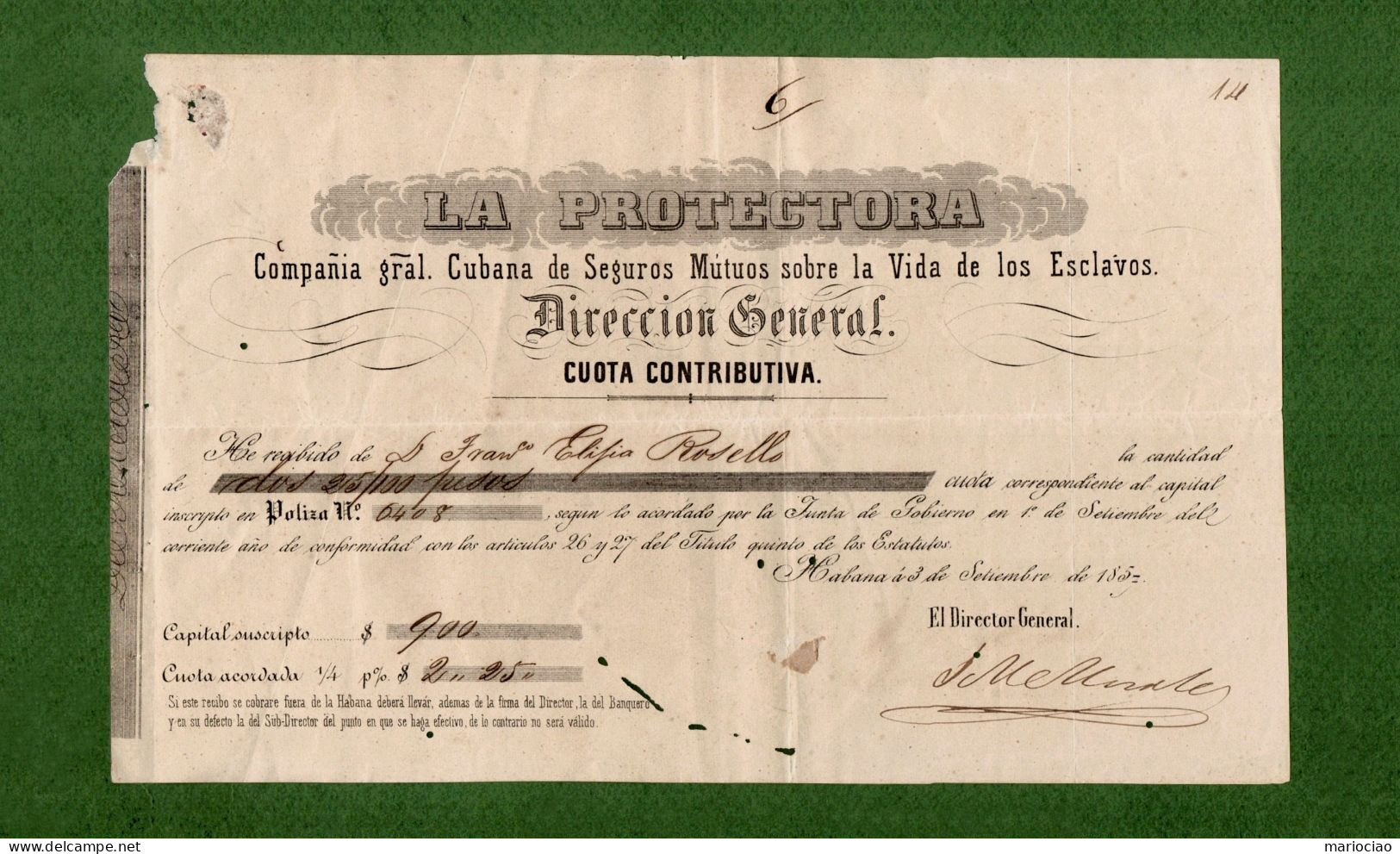 T-ES SEGURO DE ESCLAVOS 1857 La Protectora SCHIAVI ESCLAVES SLAVES SKLAVEN - Sonstige & Ohne Zuordnung