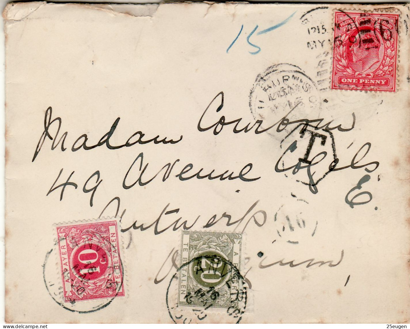 GREAT BRITAIN 1910 LETTER WITH BELGIAN SURCHARGE SENT TO ANTWERP - Brieven En Documenten