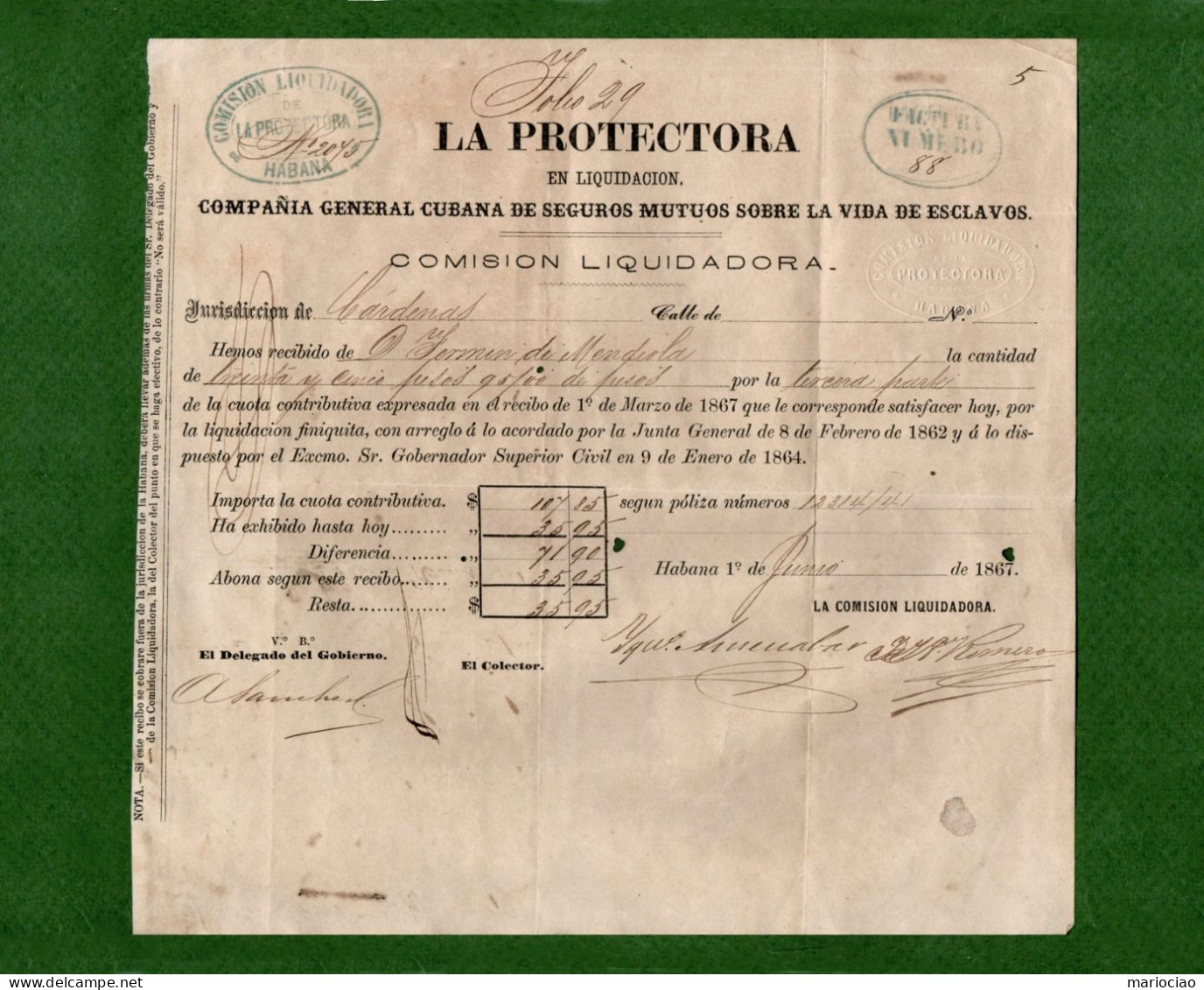 T-ES SEGURO DE ESCLAVOS 1867 La Protectora En Liquidacion SCHIAVI ESCLAVES SLAVES SKLAVEN - Autres & Non Classés