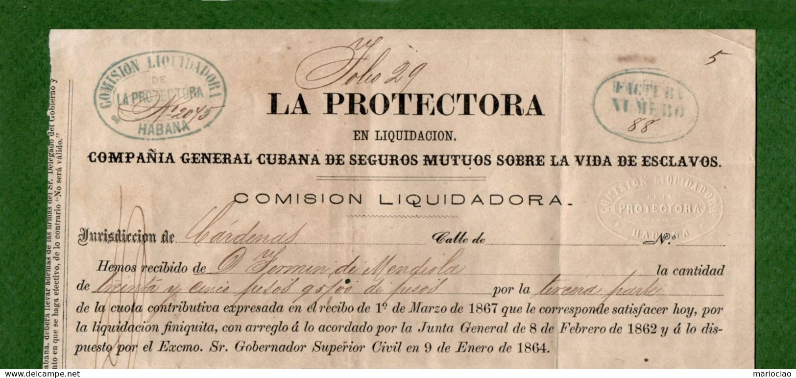 T-ES SEGURO DE ESCLAVOS 1867 La Protectora En Liquidacion SCHIAVI ESCLAVES SLAVES SKLAVEN - Sonstige & Ohne Zuordnung