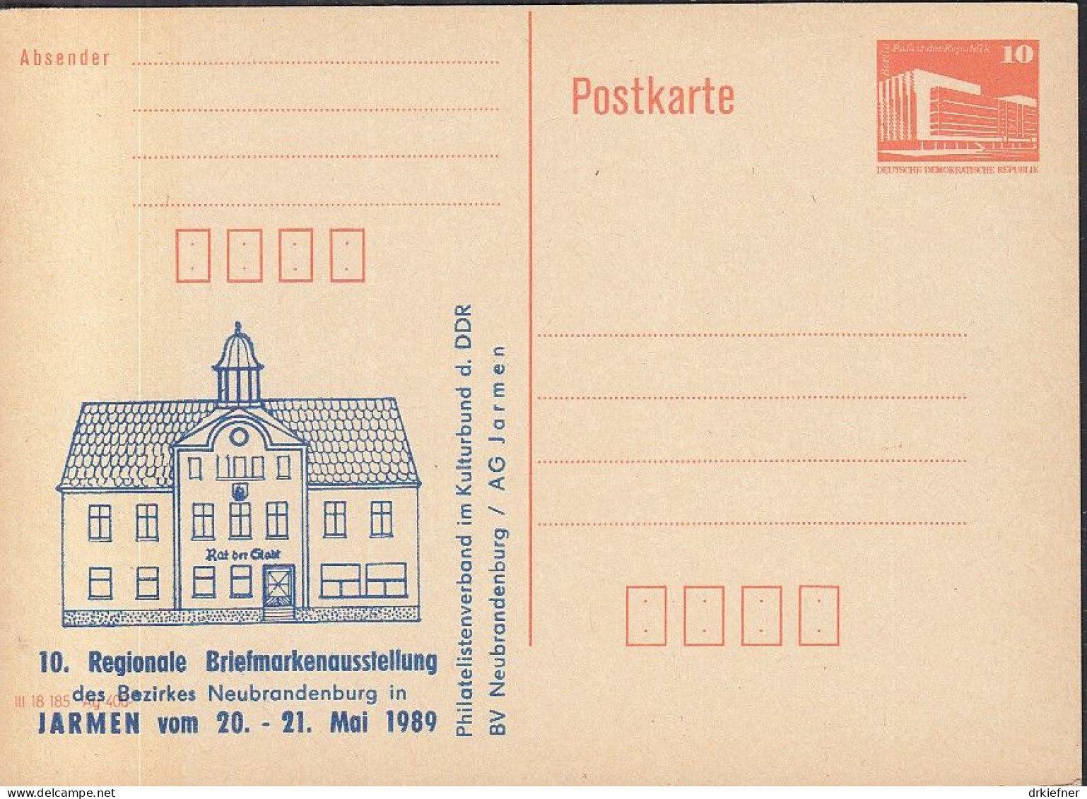 DDR PP 19 II, Ungebraucht, 10. Regionale Briefmarkenausstellung Jarmen, 1989 - Privatpostkarten - Ungebraucht